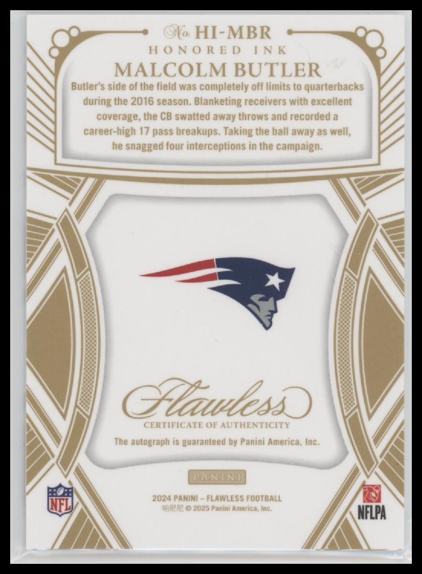 2024 Panini Flawless Honored Ink Auto Red #/15 Malcolm Butler #HI-MBR