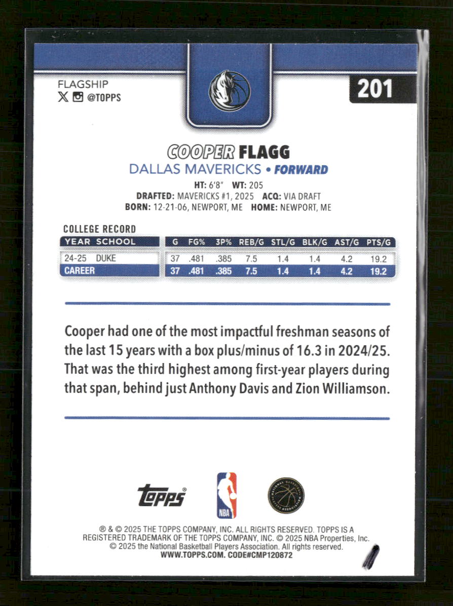 2025-26 Topps Cooper Flagg Rookie #201
