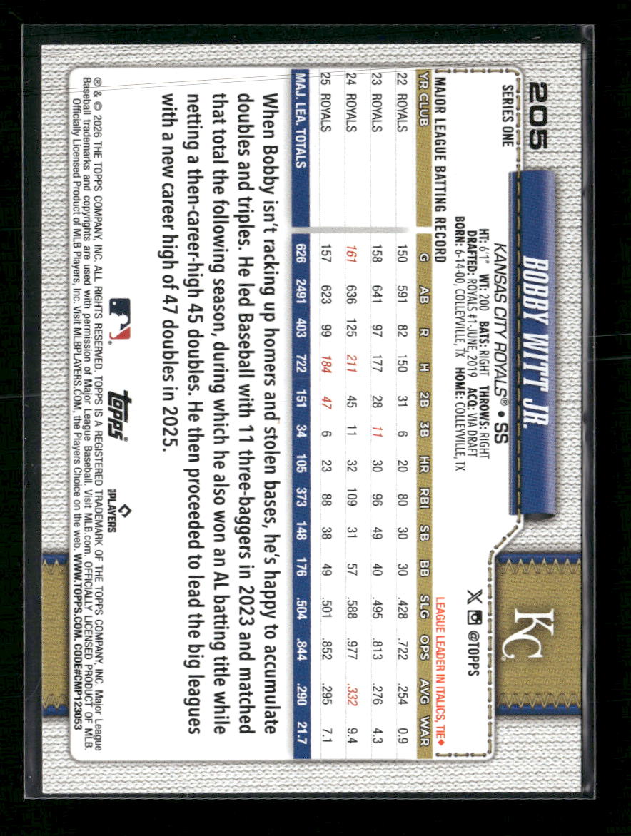 2026 Topps Aqua Rainbow Foil Bobby Witt Jr. #205