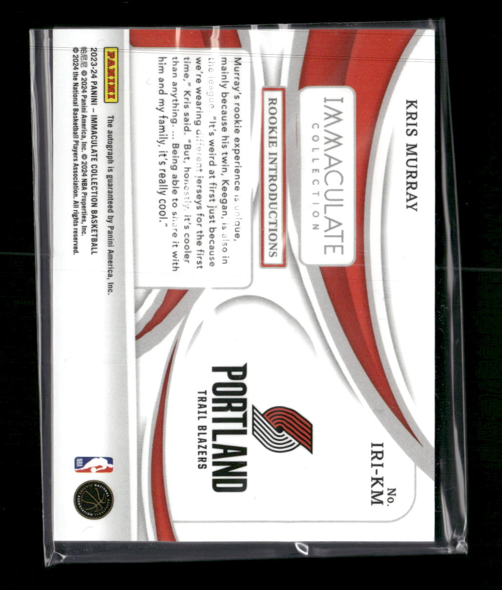 2023-24 Panini Immaculate Rookie Introductions Kris Murray #/99 Auto #IRI-KM