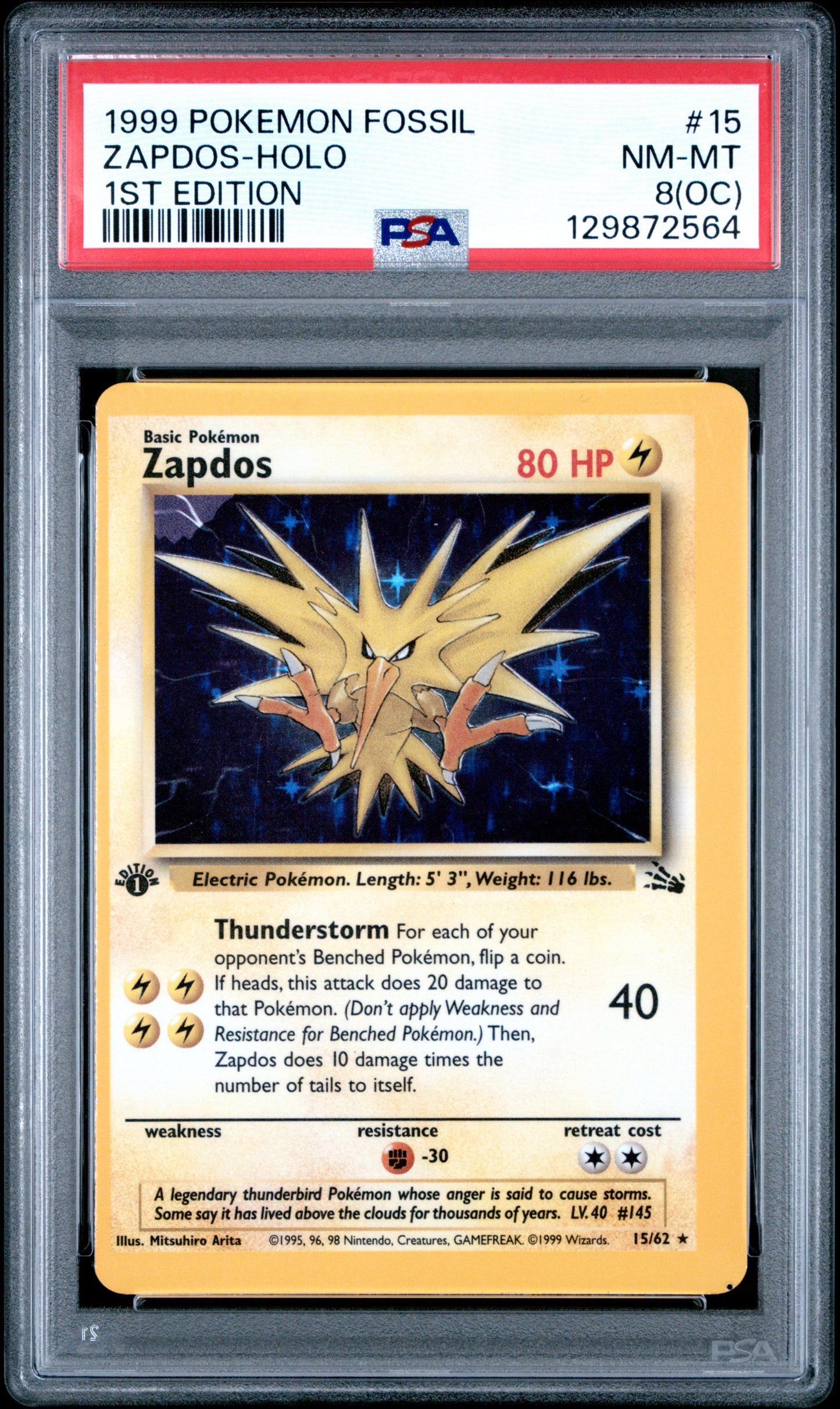 1999 Pokemon Fossil 1st Ed Zapdos-Holo 8 PSA #15 OFF CENTER ERROR + HOLO ERROR