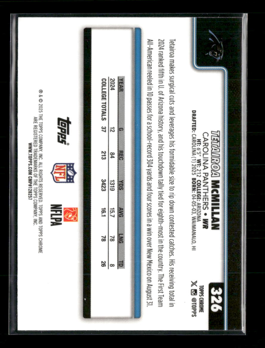 2025 Topps Chrome Football Leather Refractor Tetairoa McMillan Rookie #326