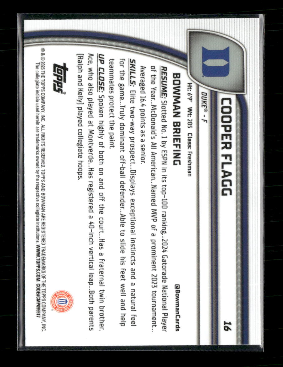 2024-25 Bowman University Chrome Refractor Cooper Flagg #16