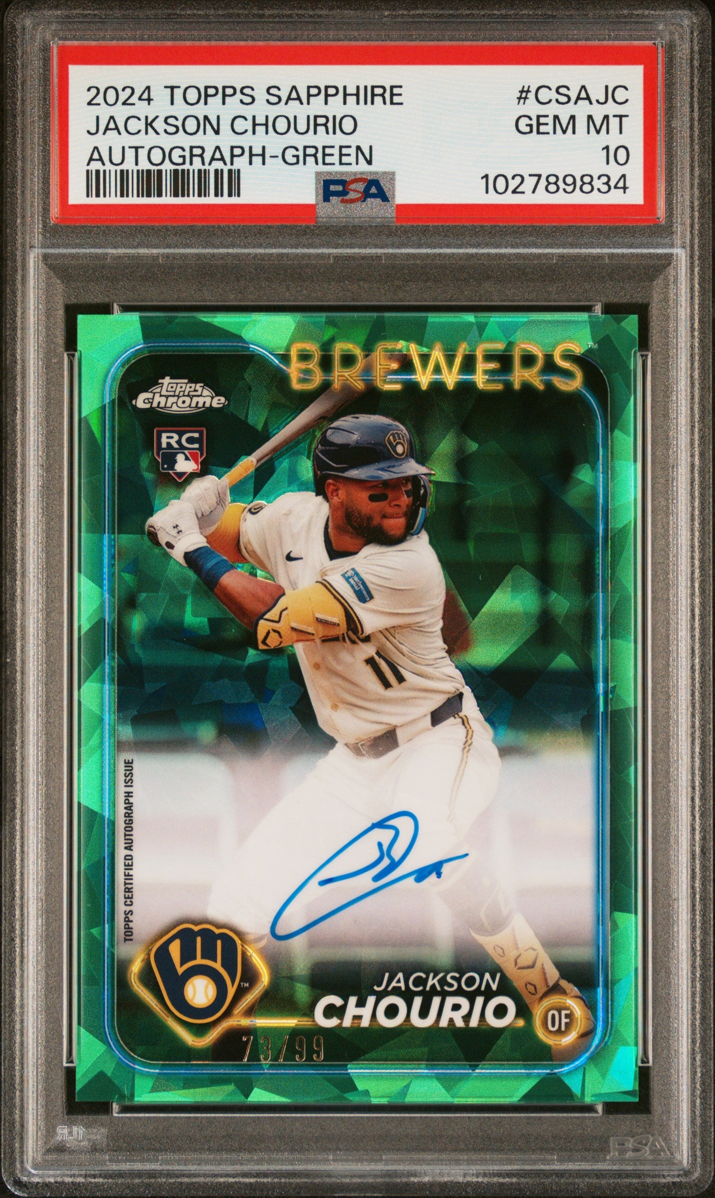 2024 Topps Chrome Sapphire Auto-Green Jackson Chourio 10 PSA #CSAJC