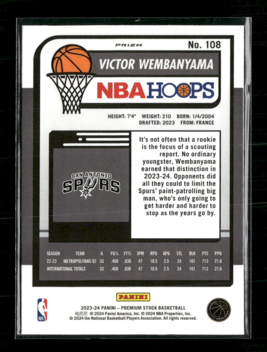 2023-24 Hoops Premium Stock Ice Prizm Victor Wembanyama Rookie #108