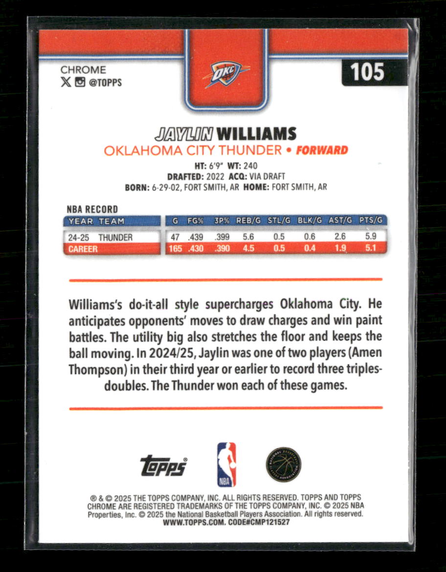 2025-26 Topps Chrome Yellow Basketball Refractor Jaylin Williams #/275 #105