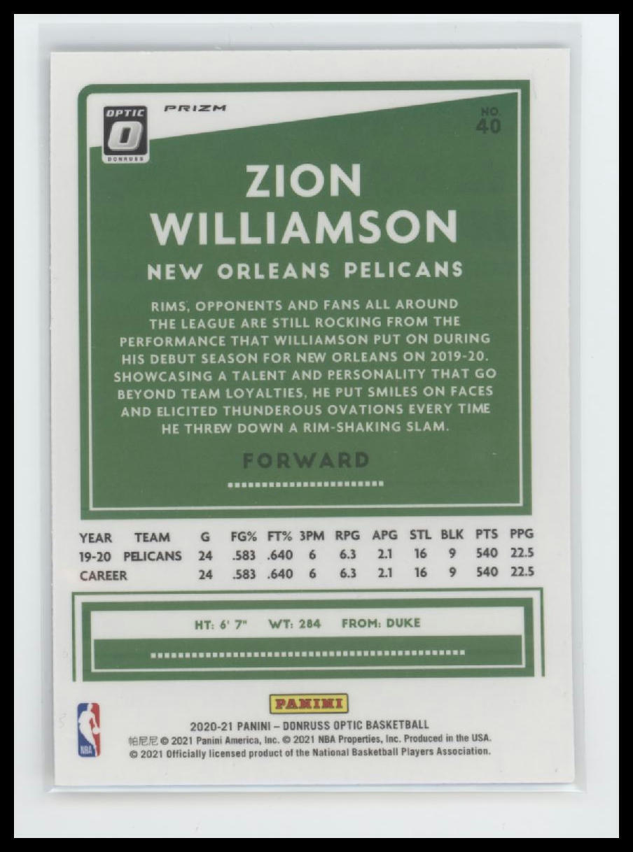 2020-21 Donruss Optic #40 Zion Williamson Fast Break Holo