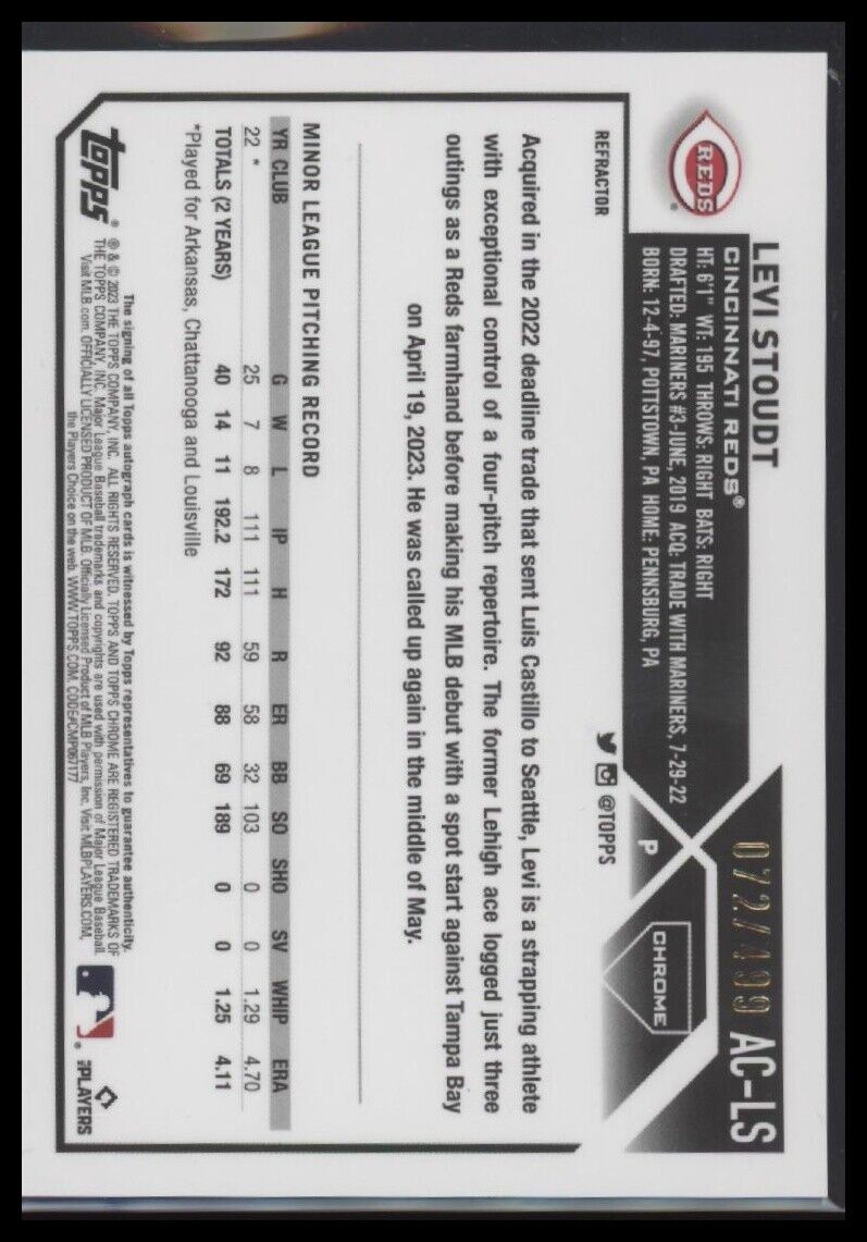 2023 Topps Chrome Update #AC-LS Levi Stoudt Autographs Refractor #/499