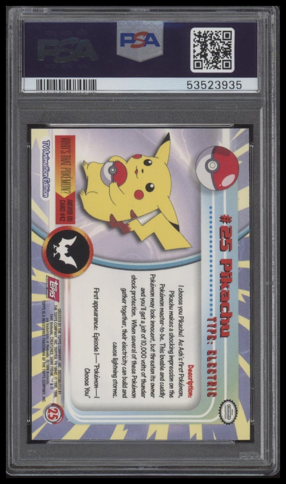 1999 Topps Pokemon Tv #25 Pikachu PSA 9