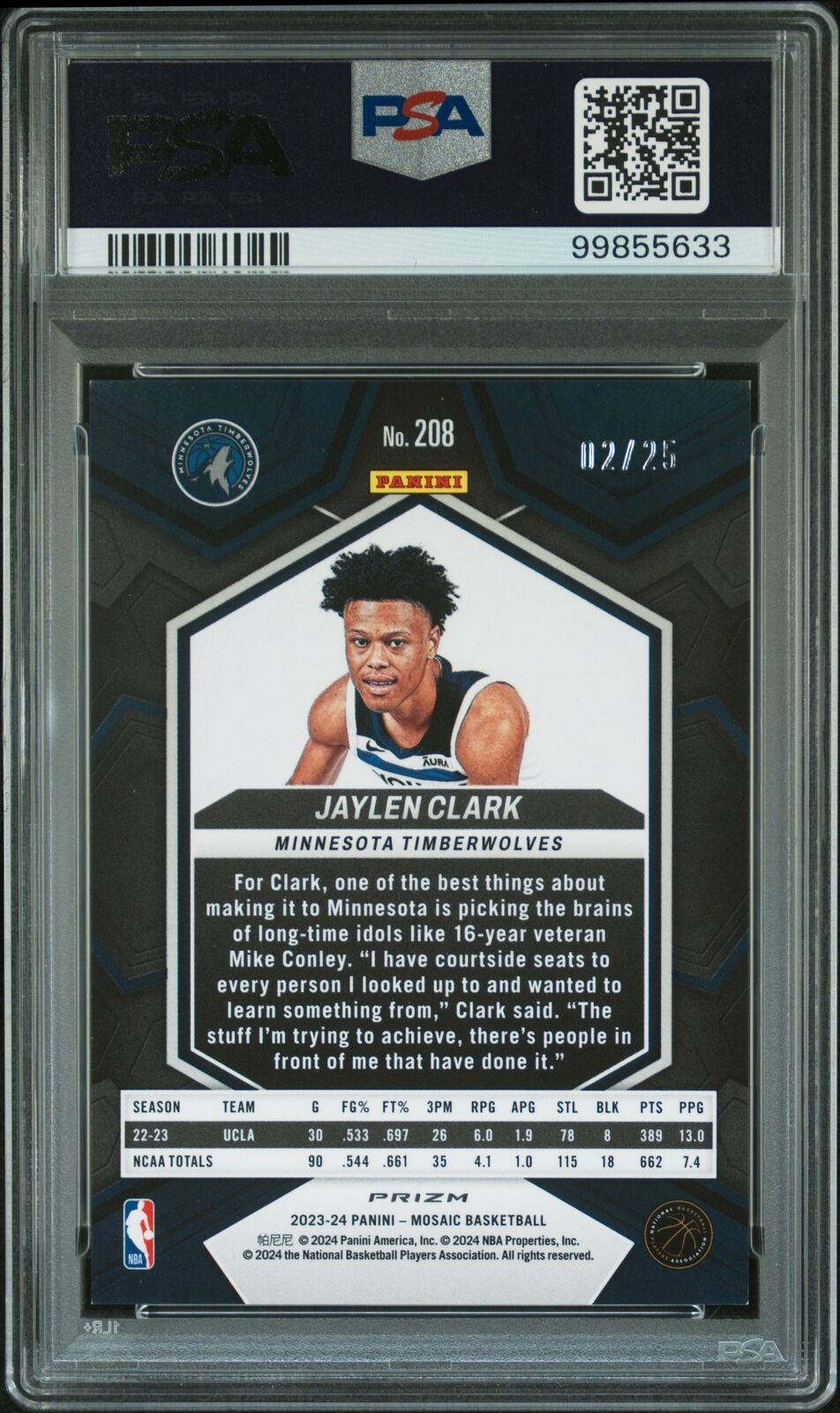2023 Panini Mosaic #208 Jaylen Clark White PSA 9