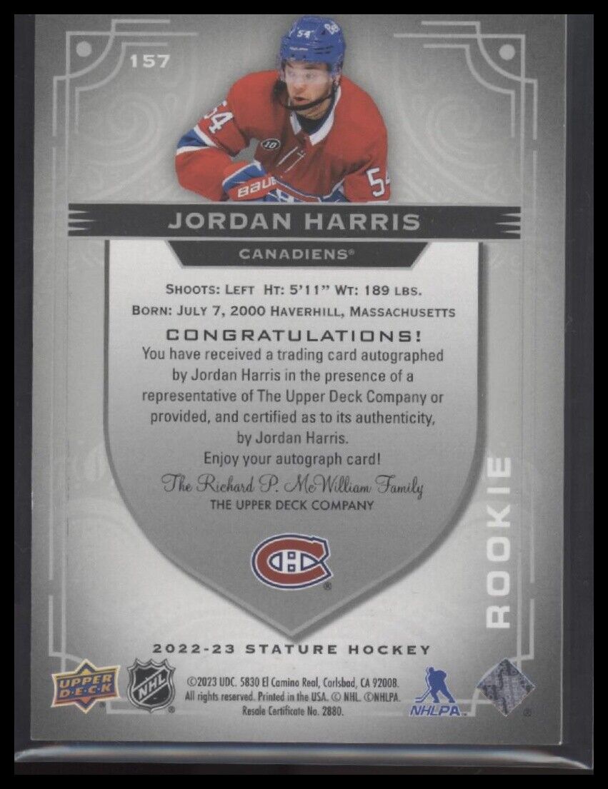2022-23 Upper Deck Stature #157 Jordan Harris Autographs #/199