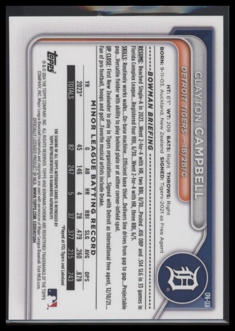 2024 Bowman Clayton Campbell Prospects Autographs Diamond Refractors #/100