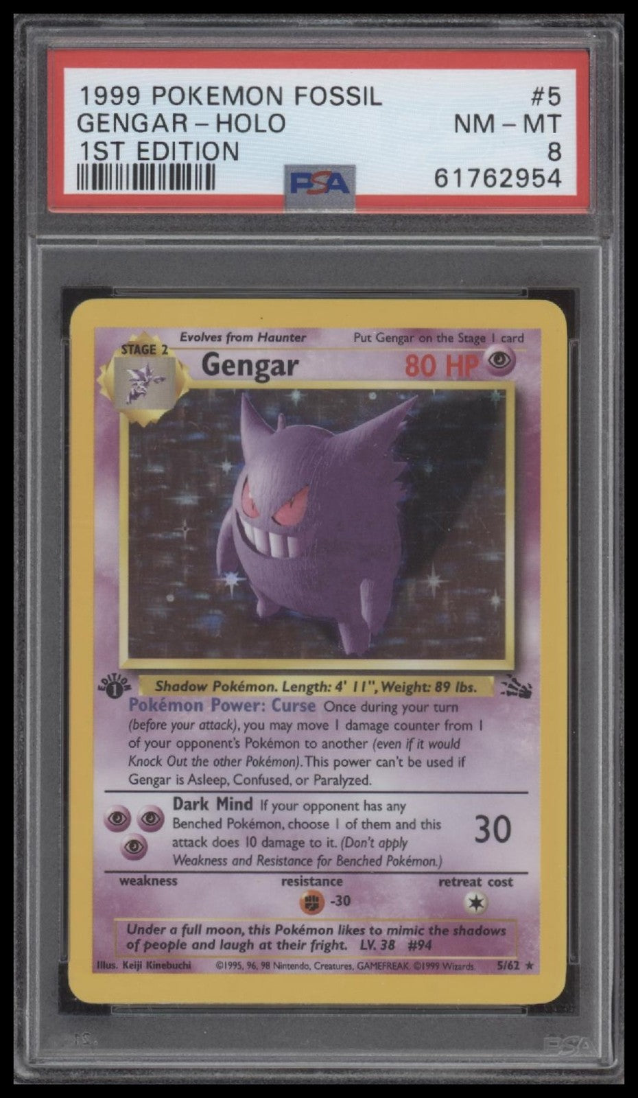 Gengar-Holo 1999 Pokemon Fossil #5 1st Edition PSA 8