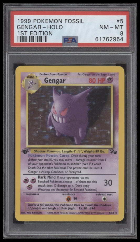 Gengar-Holo 1999 Pokemon Fossil #5 1st Edition PSA 8