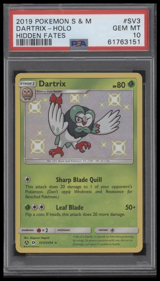 Dartrix-Holo 2019 Pokemon Sun & Moon Hidden Fates #SV3 Hidden Fates PSA 10