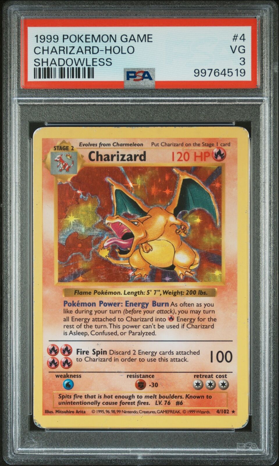 1999 Pokemon Game #4 Charizard-Holo Shadowless PSA 3