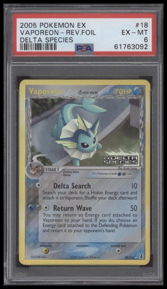 Vaporeon-Rev.Foil 2005 Pokemon Ex Delta Species #18 Delta Species PSA 6
