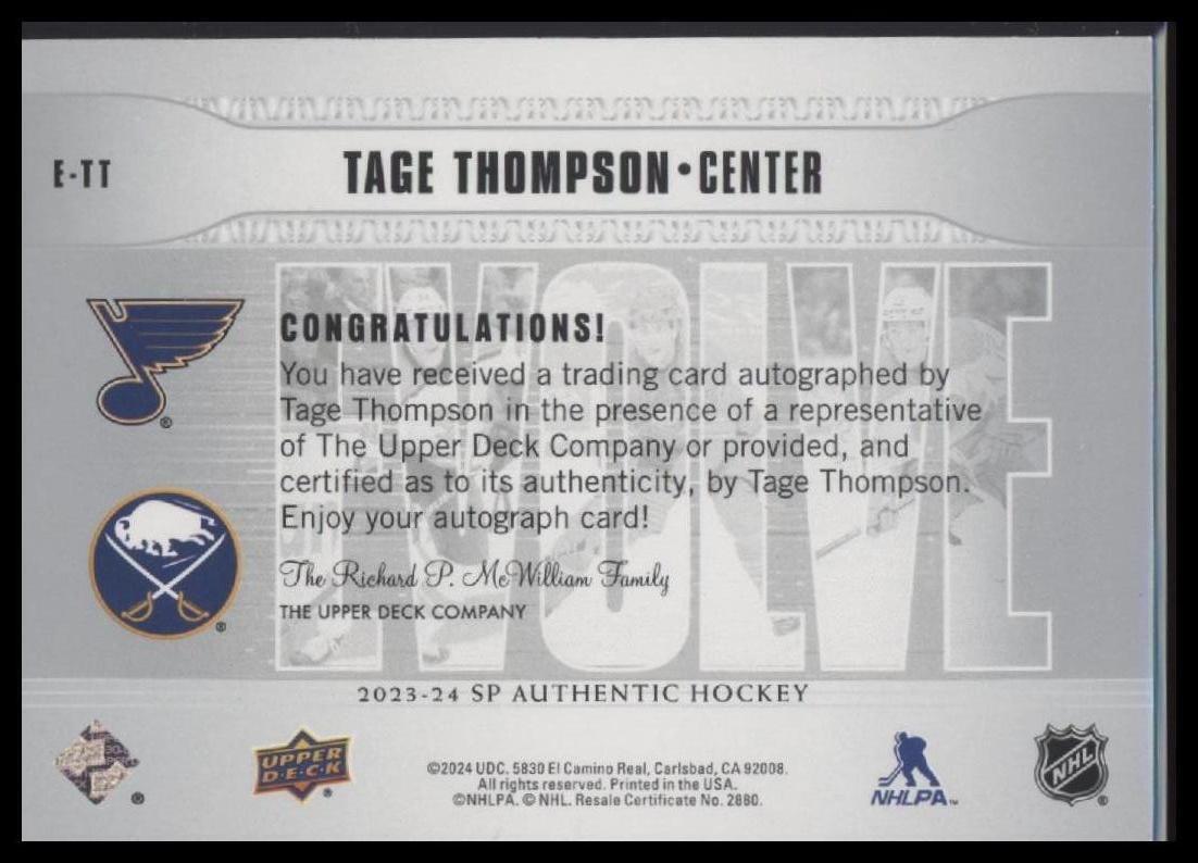 2023-24 SP Authentic #E-TT Tage Thompson Evolve Autographs