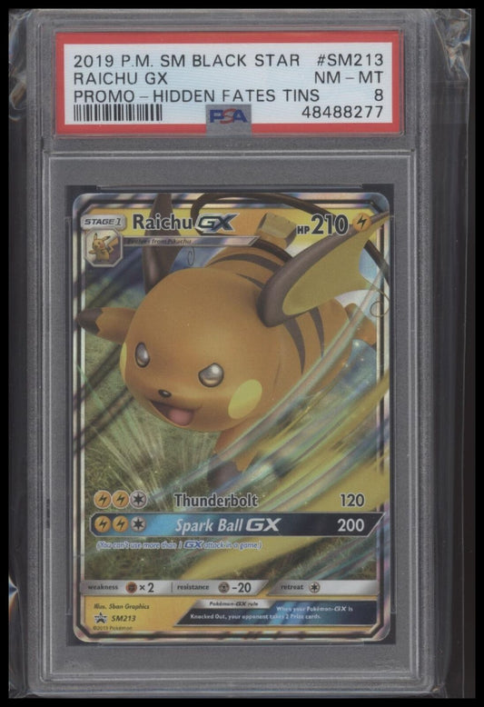 2019 Pokemon Sm Black Star Promo #SM213 Raichu Gx Promo-Hidden Fates Tins PSA 8