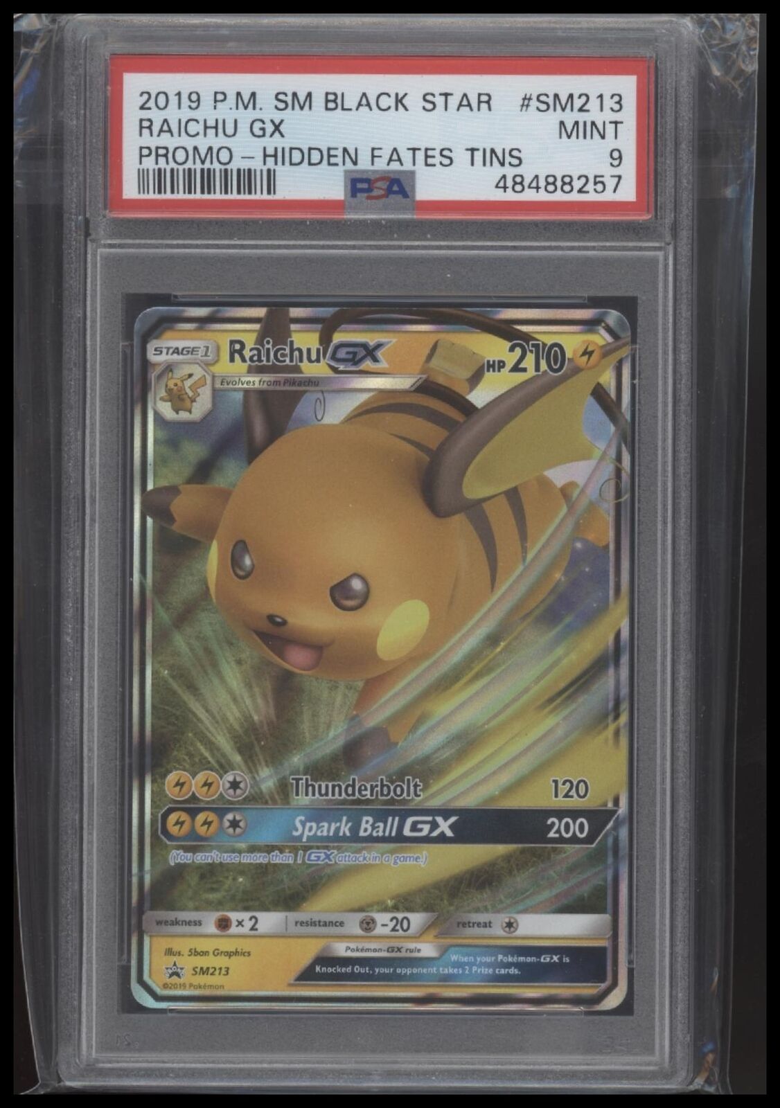 2019 Pokemon Sm Black Star Promo #SM213 Raichu Gx Promo-Hidden Fates Tins PSA 9