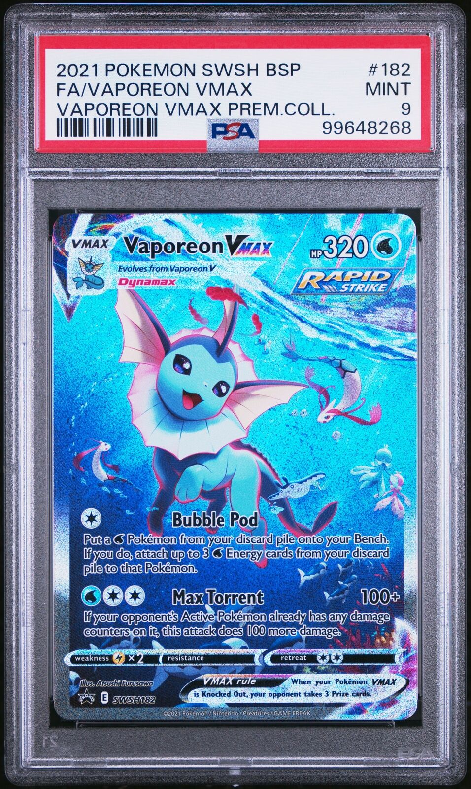 2021 Pokemon Swsh Black Star Promo #182 Fa/Vaporeon Vmax Prem.Coll. PSA 9