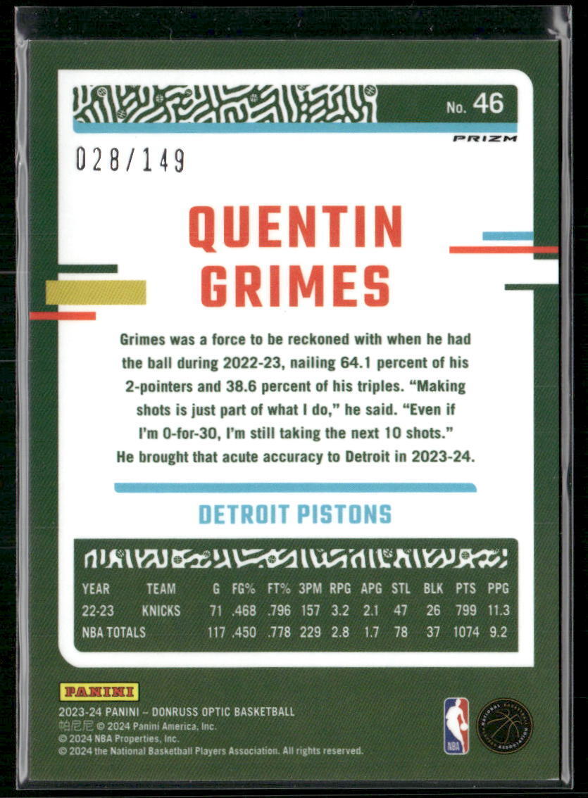2023-24 Donruss Optic #46 Quentin Grimes Lime Green #/149