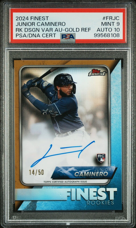 2024 Topps Finest Rookie Auto Junior Caminero Rk Dsgn Var Au-Gold Ref PSA 9