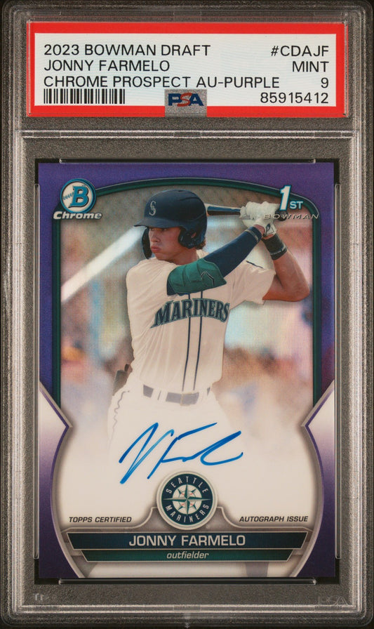 Jonny Farmelo 2023 Bowman Draft Chrome Prospect Au-Purple Ref PSA 9