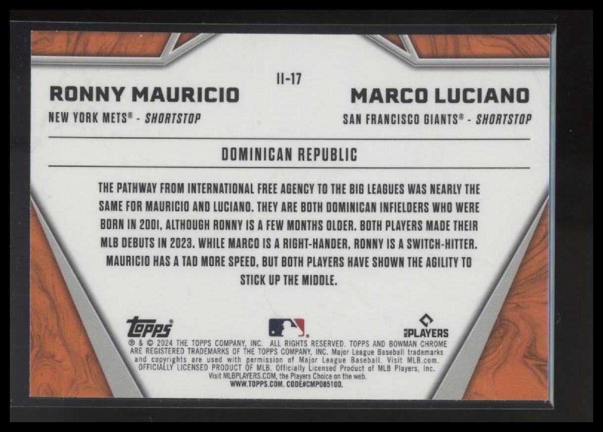 2024 Bowman Chrome #II-17 Marco Luciano / Ronny Mauricio International Impact