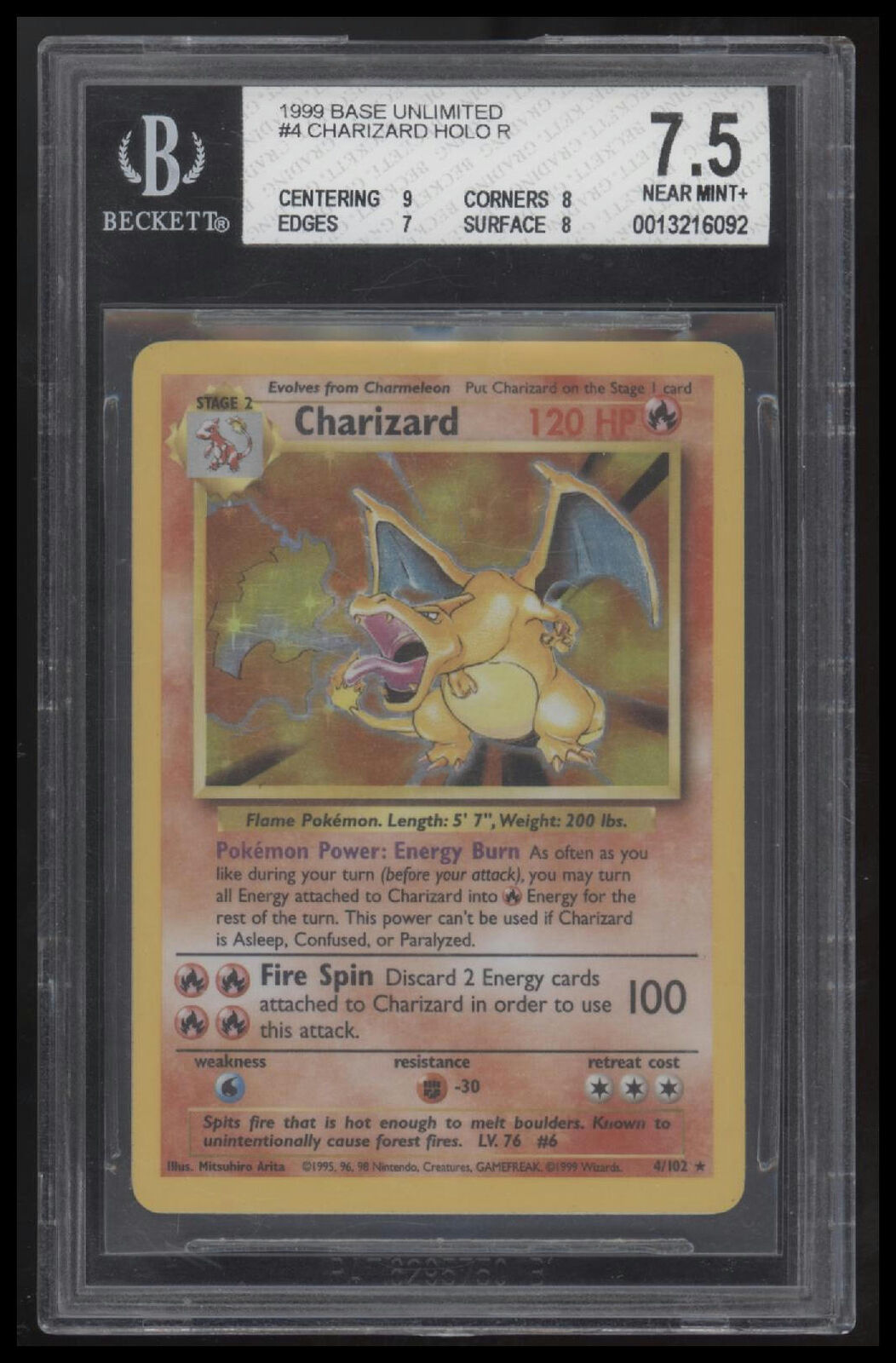 1999 Pokemon Base Unlimited #4 Charizard HOLO BGS 7.5
