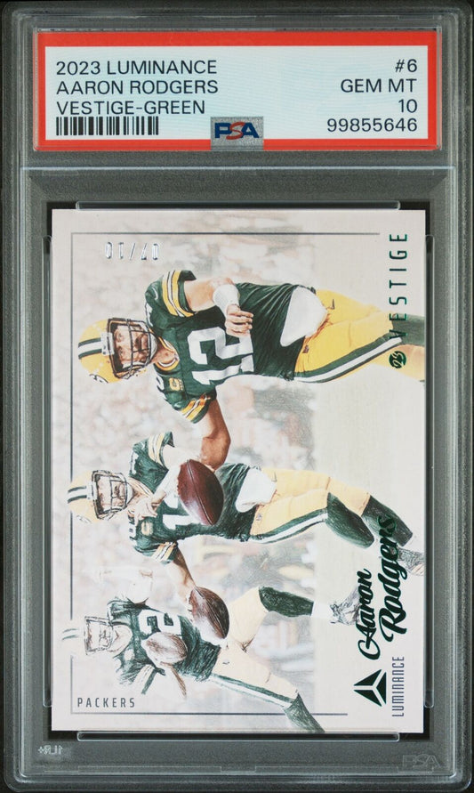 2023 Panini Luminance Vestige #6 Aaron Rodgers Vestige-Green PSA 10