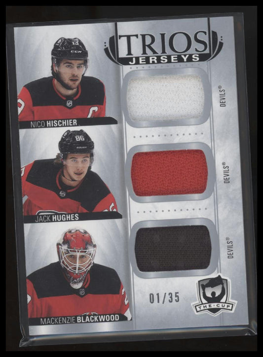 2021-22 Upper Deck The Cup Blackwood / Hischier / Hughes Cup Trios Jersey #/35