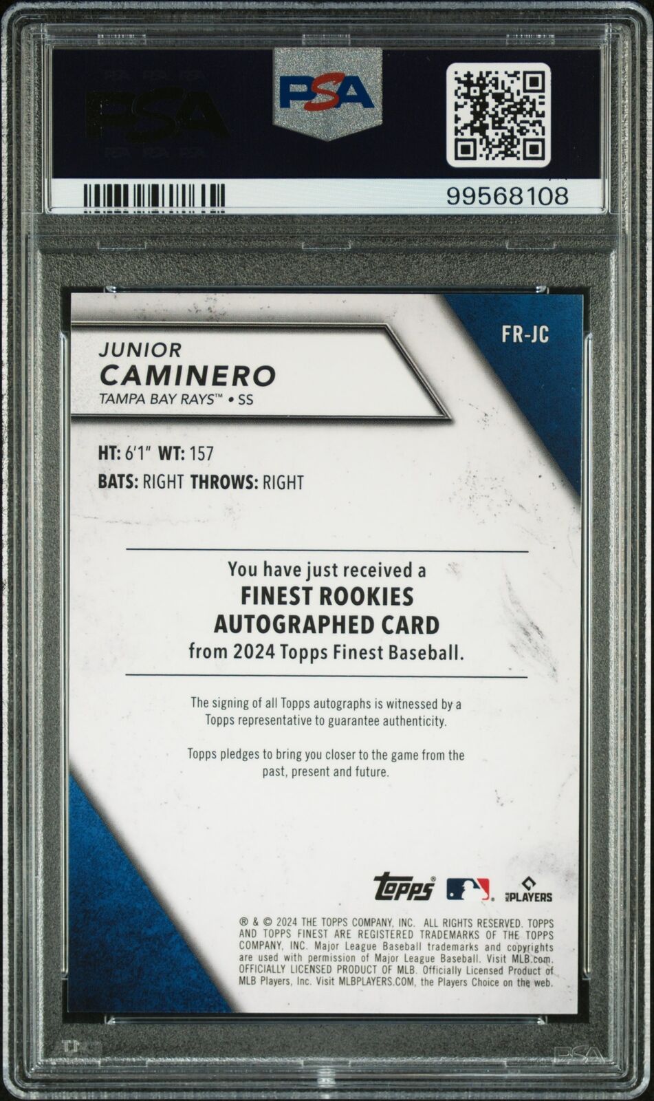 2024 Topps Finest Rookie Auto Junior Caminero Rk Dsgn Var Au-Gold Ref PSA 9
