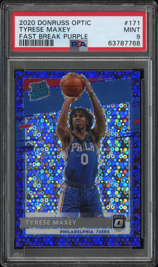 Tyrese Maxey 2020 Panini Donruss Optic #171 Fast Break Purple PSA 9