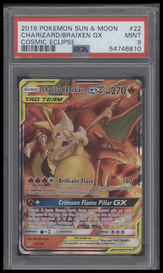 2019 Pokemon Sun & Moon Cosmic Eclipse #22 Charizard/Braixen Gx PSA 9