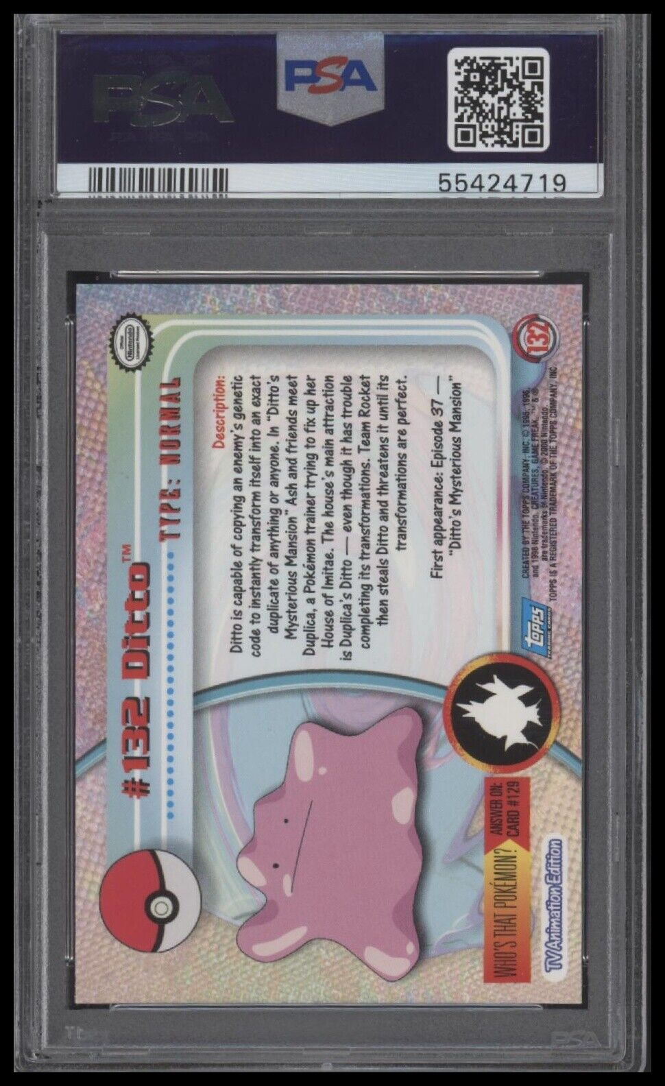 2000 Topps Pokemon Series 3 #132 Ditto Animation Series 3-Foil PSA 8