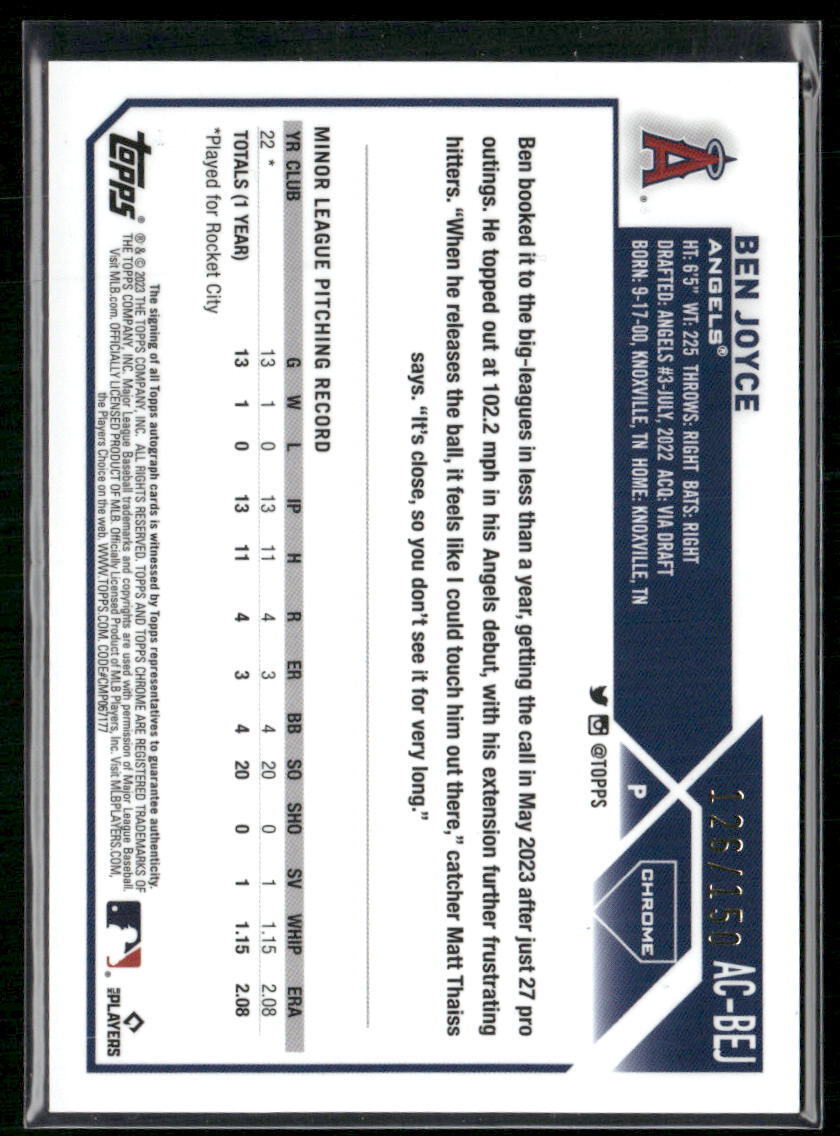2023 Topps Chrome Update #AC-BEJ Ben Joyce Autographs Blue #/150