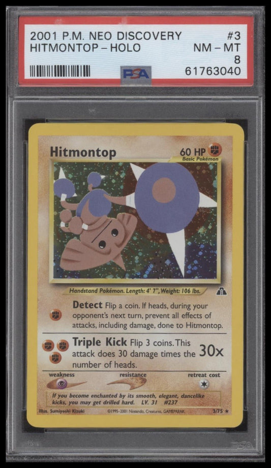 Hitmontop-Holo 2001 Pokemon Neo Discovery #3 PSA 8