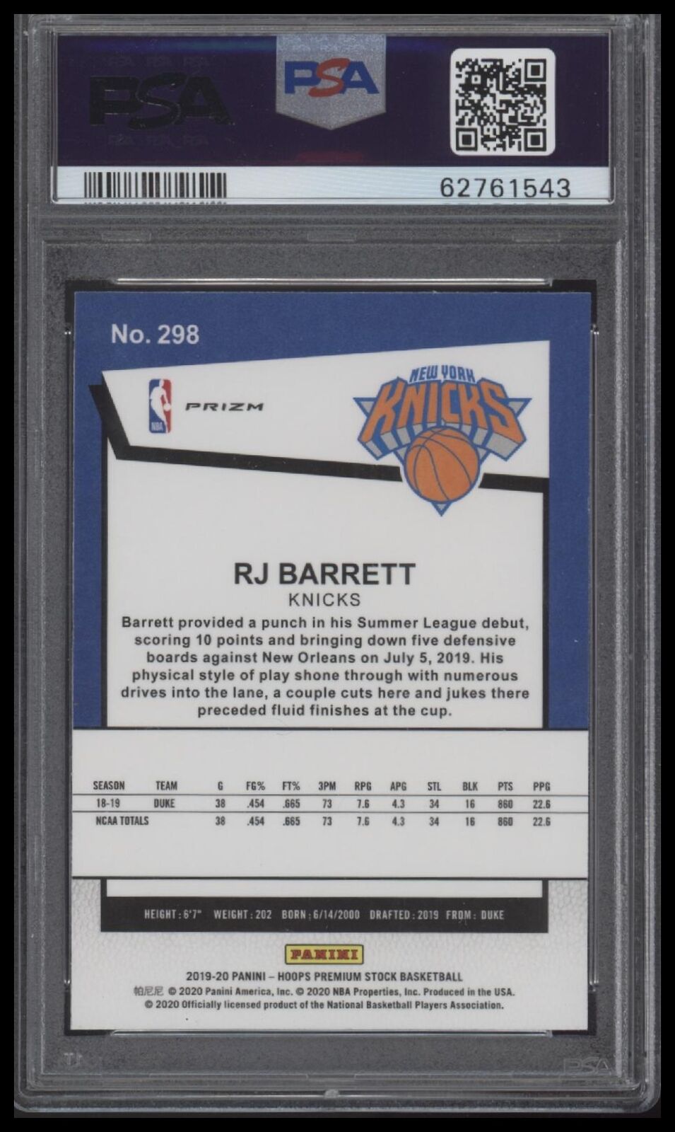 2019 Panini Hoops Premium Stock #298 Rj Barrett Silver Mojo PSA 9