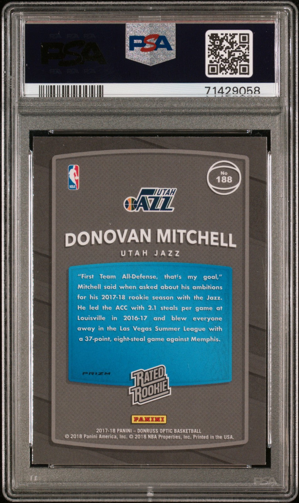 Donovan Mitchell 2017 Panini Donruss Optic #188 Purple PSA 9