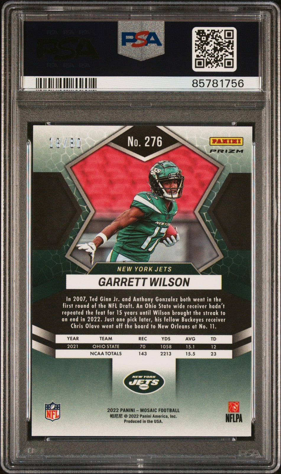 Garrett Wilson 2022 Panini Mosaic #276 Fusion Red/Yellow Choice PSA 10