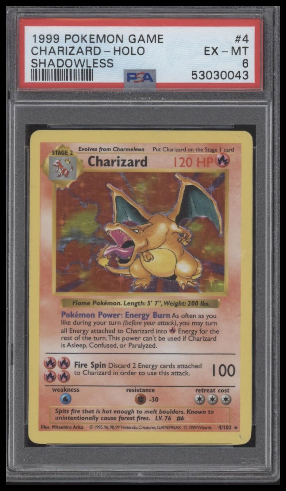 1999 Pokemon Game #4 Charizard-Holo Shadowless PSA 6