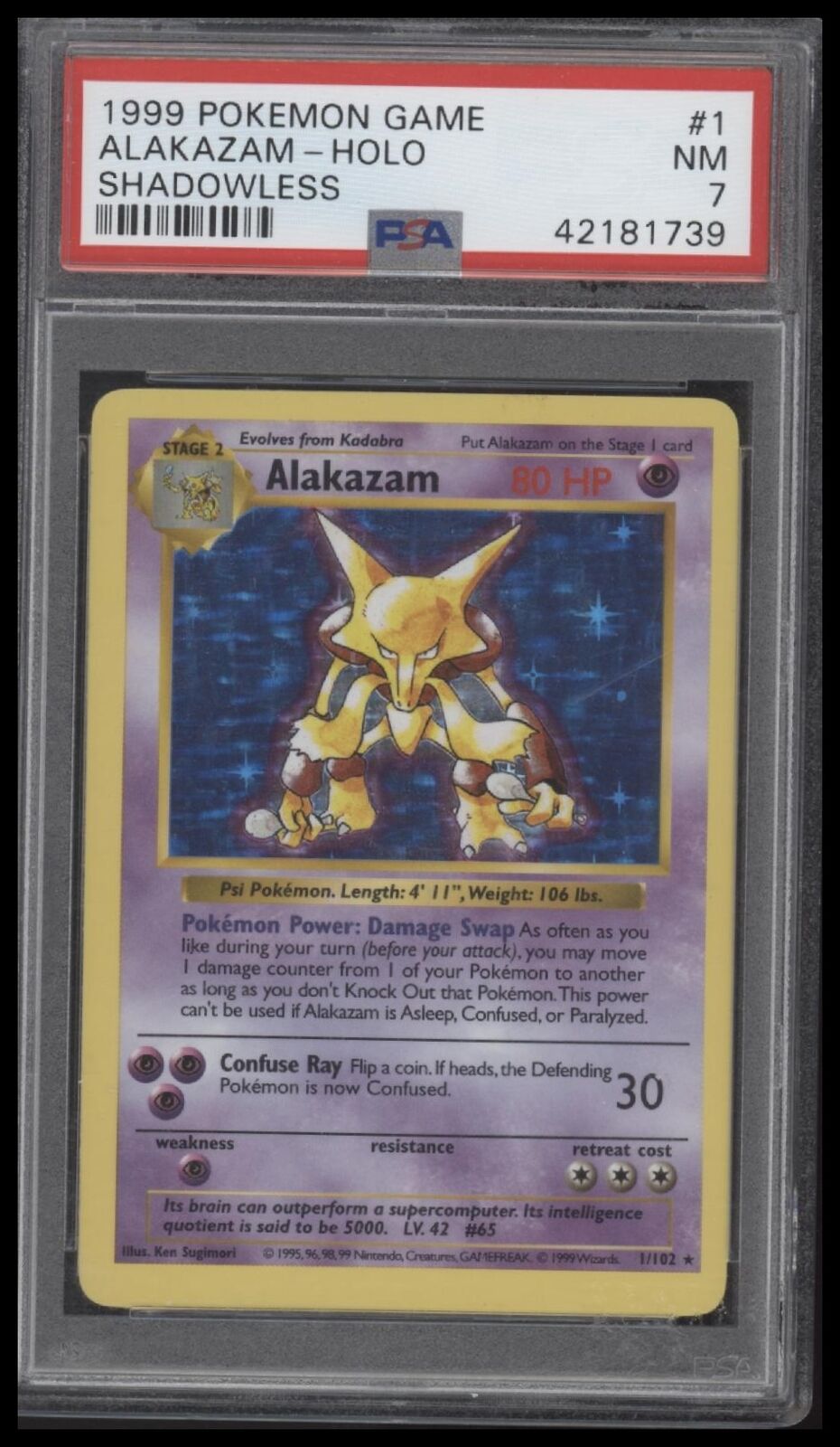 1999 Pokemon Game #1 Alakazam-Holo Shadowless PSA 7