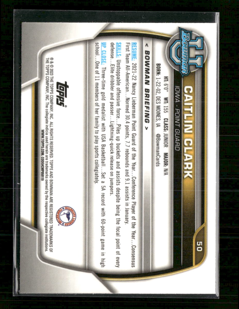 2022-23 Bowman University Chrome Pink Caitlin Clark #50