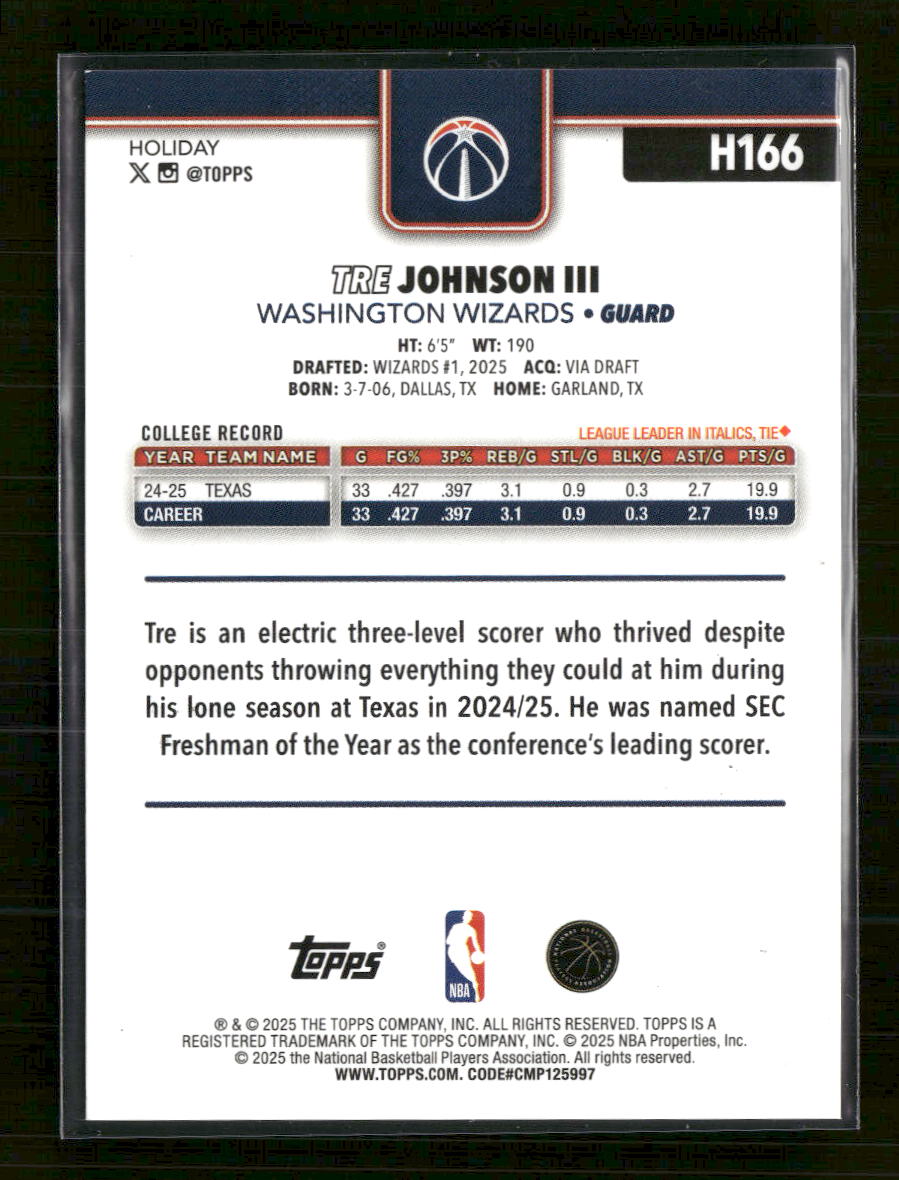 2025-26 Topps Holiday Orange Metallic Glitter Tre Johnson III Rookie #/25 #H166