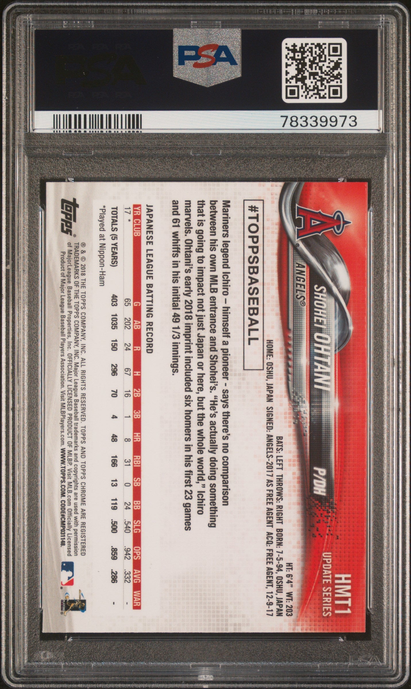 2018 Topps Chrome Update Update Shohei Ohtani 9 PSA #HMT1