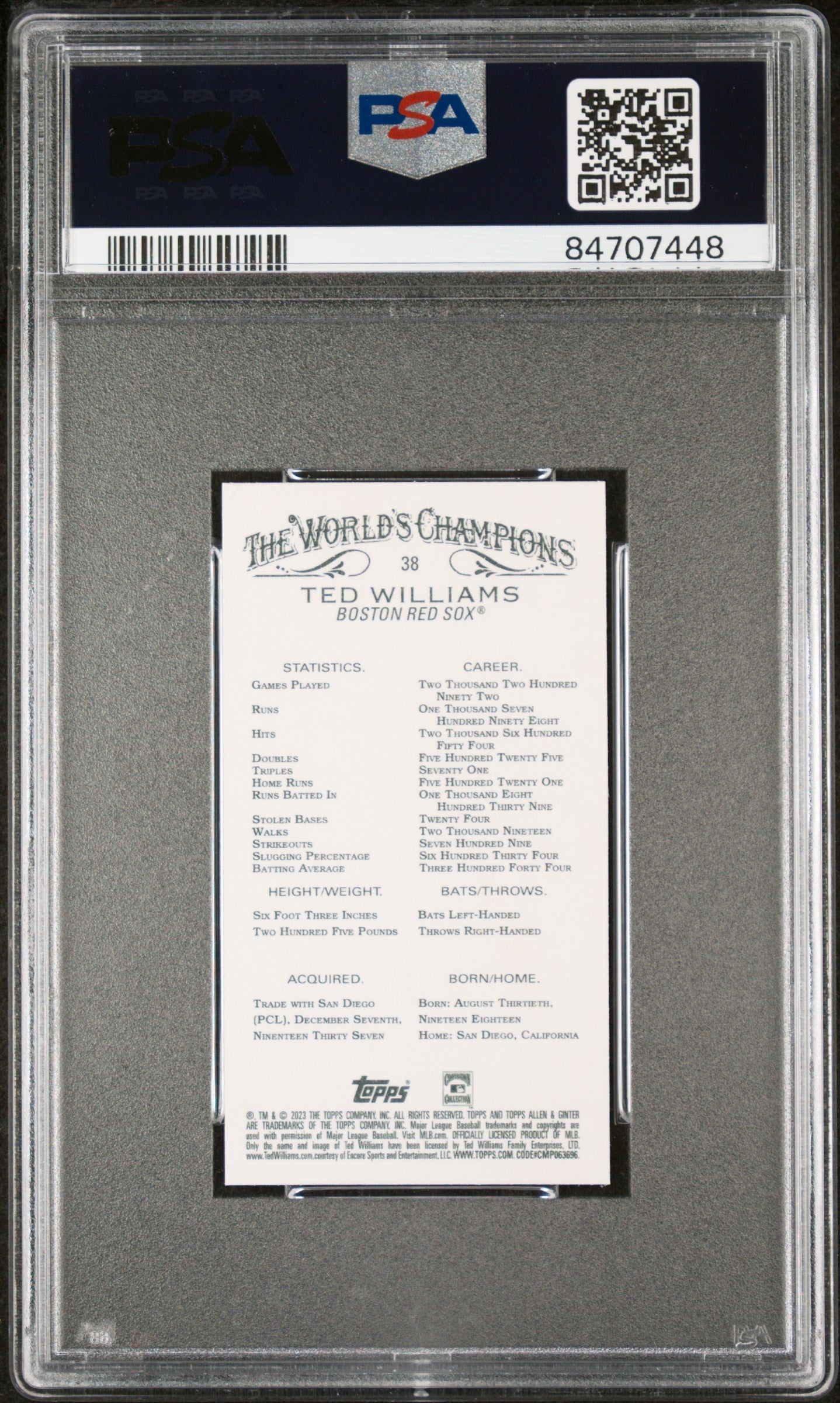 2023 TOPPS ALLEN & GINTER TED WILLIAMS MINI-BLACK BORDER #38 - PSA 10