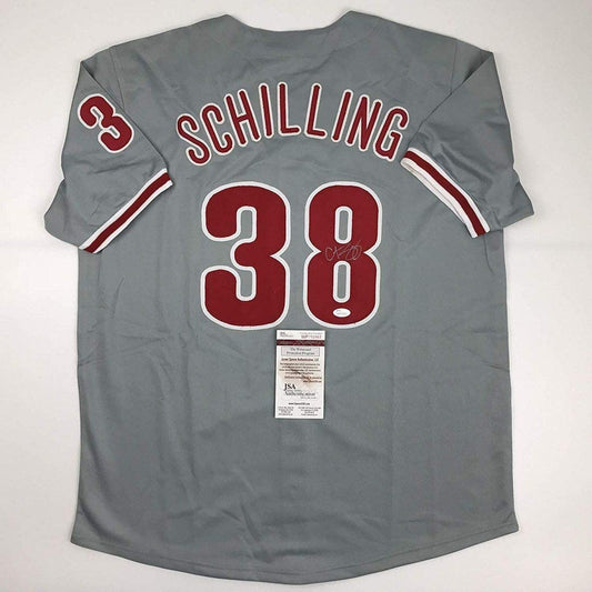 Autographed/Signed Curt Schilling Philadelphia Grey Baseball Jersey JSA COA