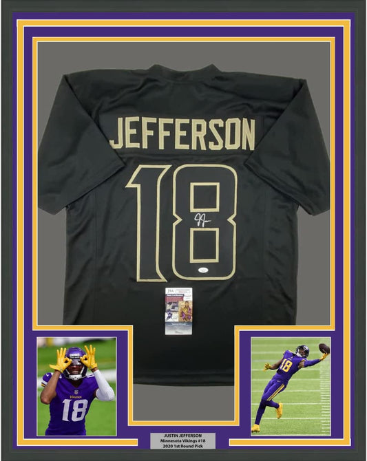 Framed Autographed/Signed Justin Jefferson 35x39 Minnesota Blackout Football Jersey JSA COA