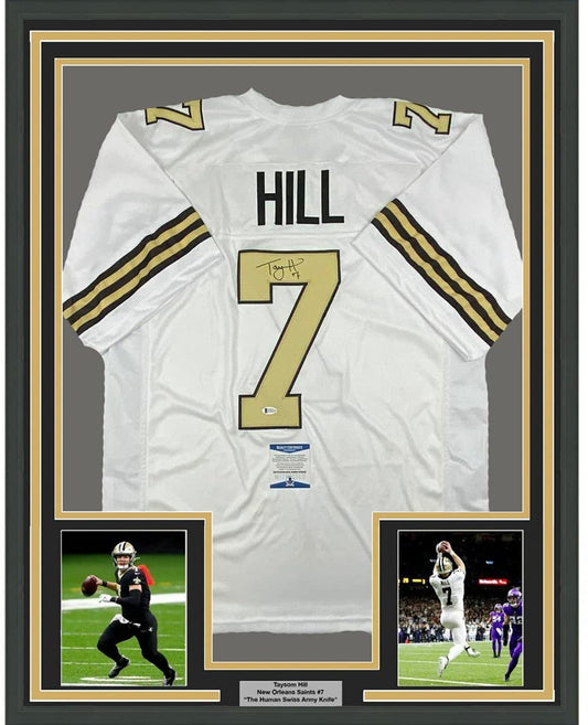 Framed Autographed/Signed Taysom Hill 35x39 New Orleans Color Rush Football Jersey Beckett BAS COA